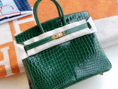 Hermes 客定 象征尊贵6Q翡翠绿 祖母绿 Birkin25cm 铂金包 亮面鳄鱼 金扣 俩点 纯手工手缝工艺