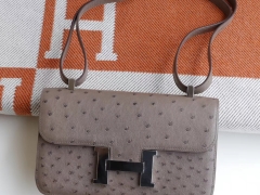 HERMES CK18大象灰 银扣 Constance26CM 空姐包26加长版 南非鸵鸟皮 纯手工手缝工艺