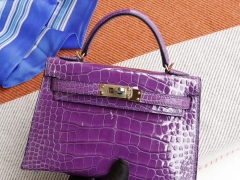 爱马仕 5L极度紫 minikelly二代 亮面鳄鱼 法国蜡线 全手缝 金扣