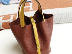 HERMES 古铜色拼琥珀黄 银扣 Picotin Lock菜篮子18CM 原厂TC皮 纯手缝手工缝制工艺