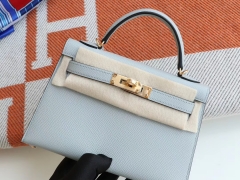 爱马仕 8U冰川蓝 金扣 Minikelly二代 原厂Epsom皮 迷你凯莉包 纯手缝蜡线缝制工艺