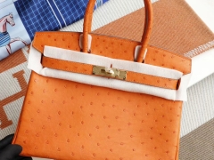 HERMES CC93橙色 金扣 Birkin30CM 南非KK鸵鸟皮 老师傅纯手缝蜡线缝制工艺