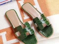 HERMES 旅游必备凉拖 H平底拖鞋凉拖鞋 亮面鳄鱼 6Q 祖母绿 37码