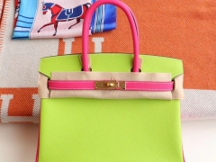 爱马仕 6R奇异果绿拼E5桃红色 Birkin30CM 铂金包法国Epsom小牛皮 老师傅全手缝 金扣