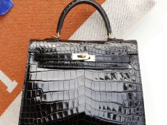 HERMES 定发货、CC89黑色 Kelly25CM 亮面鳄鱼 法国蜡线 全手缝 金扣