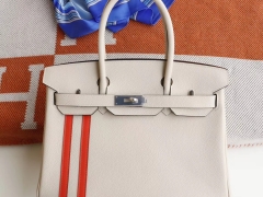 爱马仕 竖条款 CC10奶昔白拼火焰橙 Birkin30CM 原厂togo皮 纯手缝蜡线缝制 铂金包