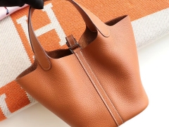 HERMES CK37金棕 银扣 Picotin Lock菜篮子18CM 原厂TC皮 编织肩带 纯手缝手工缝制工艺