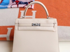 HERMES CC10奶昔白 银扣 Kelly25CM 原厂Epsom皮 凯丽凯莉包 纯手缝蜡线缝制