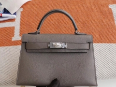 HERMES 8F锡器灰 银扣 Minikelly二代 原厂Epsom皮 迷你凯莉包 纯手缝蜡线缝制工艺