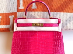 HERMES 客定 J5天方夜谭紫桃红色 Kelly28CM凯利包 亮面鳄鱼 金扣 美轮美奂