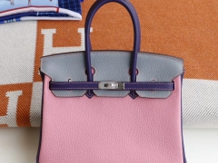 爱马仕 樱花粉拼电光蓝拼马卡龙 三拼色 Birkin25CM 原厂Epsom皮 纯手缝蜡线缝制 铂金包