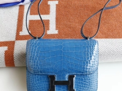 HERMES 现货 i7琉璃蓝 Constance19CM 亮面鳄鱼 银扣 空姐包 品相很好 收藏级