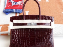 HERMES 客定发货、Birkin30CM 亮面鳄鱼 CK57 Bordeaux 波尔多酒红 银扣