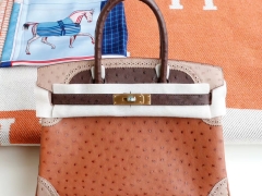 爱马仕 百搭拼色蕾丝款 金棕拼深咖啡拼羊毛白 Birkin30CM 进口南非鸵鸟皮 金扣；纯手缝蜡线缝制 铂金包