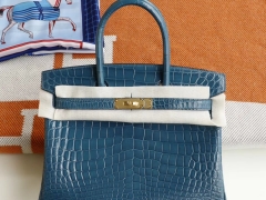 HERMES 客定发货 做工精湛 堪称精品 皇家蓝 Birkin30CM 俩点亮面鳄鱼 金扣 纯手缝蜡线缝制