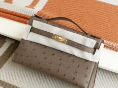 Hermes 宴会手挽款 CK18大象灰 金扣 Minikelly一代 原厂南非鸵鸟皮 迷你凯莉包 纯手缝蜡线缝制