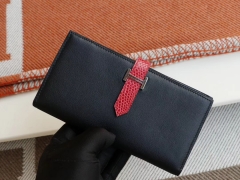 爱马仕 Bearn钱包 17CM Swift皮黑色拼蜥蜴皮 法拉利红 纯手缝蜡线 银扣