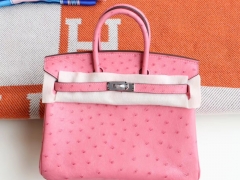 HERMES 3Q奶昔粉 Birkin25CM 铂金包 南非KK鸵鸟皮 老师傅全手缝 银扣
