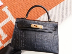 爱马仕 CC89黑色 金扣 Minikelly二代 雾面鳄鱼口刻 迷你凯莉包 纯手缝蜡线缝制