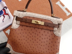 Kelly28CM进口南非鸵鸟皮 百搭拼色蕾丝款 金棕拼深咖啡拼羊毛白 金扣 凯利凯莉包