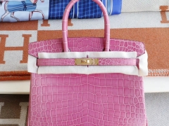 HERMES 5P樱花粉 Birkin30CM 铂金包 亮面鳄鱼 金扣 俩点；纯手工手缝工艺制作
