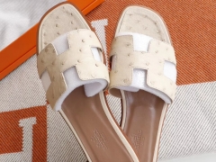 夏季必备 H家平底凉鞋女拖鞋 夏季沙滩鞋 南非鸵鸟皮 C10奶昔白 38码