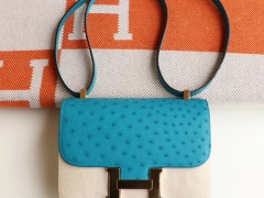 HERMES Constance 24CM 南非鸵鸟皮 7F孔雀蓝 金扣
