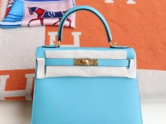 HERMES P3北方蓝 金扣 Kelly28CM 法国原厂Epsom皮 凯丽凯莉包 纯手缝蜡线缝制