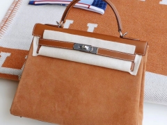 爱马仕 Ck37金棕拼麂皮 Kelly32cm 原厂马鞍皮 银扣 内缝 凯莉包 老师傅纯手工制作