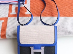 HERMES 希腊蓝拼黑色拼帆布 Constance19CM 空姐包 原厂皮料 银扣 纯手工手缝工艺制作