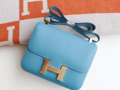HERMES CK75牛仔蓝 Constance24CM 空姐包 原厂Epsom皮 金扣 纯手工手缝工艺