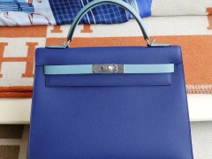爱马仕 7T电光蓝拼P3北方蓝 银扣 外缝 Kelly35CM 原厂Epsom皮 凯丽凯莉包 纯手缝蜡线缝制工艺