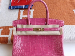 HERMES Birkin30CM 亮面鳄鱼 J5天方夜谭紫桃红色 金扣