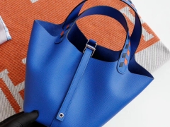 爱马仕 菜篮子编织肩带18CM 原厂Epsom皮 T7水妖蓝 银扣 纯手缝手工缝制