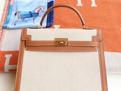 HERMES Ck37金棕拼帆布 Kelly35cm 原厂帆布 金扣 外缝 凯莉包 老师傅纯手工制作