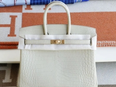HERMES 8L奶油白 金扣 Birkin25CM 铂金包 雾面鳄鱼俩点 H家老师傅全手缝