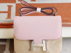 爱马仕 3Q新樱花粉 Constance24CM 空姐包 原厂Epsom皮 银扣 纯手工手缝工艺