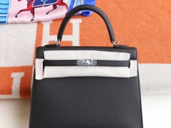 HERMES CC89黑色 银扣 Kelly25CM 原厂Epsom皮 凯丽凯莉包 纯手缝蜡线缝制工艺