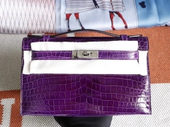 爱马仕 9G水晶紫 葡萄紫 Minikelly一代 亮面鳄鱼 迷你凯莉包 纯手缝蜡线缝制工艺