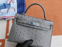 HERMES 8F锡器灰 银扣 Minikelly二代 南非鸵鸟皮 迷你凯莉包 纯手缝蜡线缝制工艺