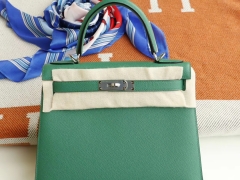 HERMES 现货、1K竹子绿 Kelly28CM Epsom皮 银扣