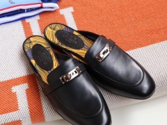 HERMES kelly扣拖鞋 黑色 银扣 39码