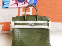 HERMES 客定已发货、6V丛林绿 银扣 Birkin25CM 雾面鳄鱼 总监纯手缝蜡线缝制 铂金包