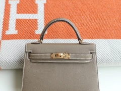HERMES CK18大象灰 金扣 Minikelly二代 Epsom皮 迷你凯莉包 纯手缝蜡线缝制工艺