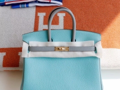 HERMES 马卡龙拼亚麻蓝 birkin25CM铂金包法国Togo皮 老师傅全手缝 金扣