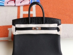 爱马仕 客定、CC89黑色拼雾面鳄鱼 玫瑰金扣 Birkin25CM 总监纯手缝蜡线缝制 铂金包