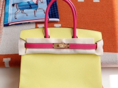 HERMES E5桃红C9鹅蛋黄 拼Birkin30CM 原厂Epsom皮 纯手缝蜡线缝制 金扣 铂金包