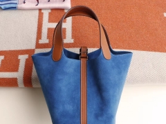 爱马仕 CK37金棕拼麂皮蓝色 银扣 Picotin Lock菜篮子18CM 原厂swift皮 纯手缝手工缝制