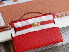 Hermes 宴会手挽款 S3心红 金扣 Minikelly一代 原厂南非鸵鸟皮 迷你凯莉包 纯手缝蜡线缝制