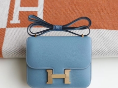 爱马仕 CK75牛仔蓝 Constance19CM 空姐包 原厂Epsom皮 金扣 纯手工手缝工艺制作